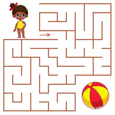 A cute little black girl is looking for a way to the ball through the maze. Find a way out of the labyrinth. Educational game for kids. Cartoon vector illustration, colorclipartのイラスト素材