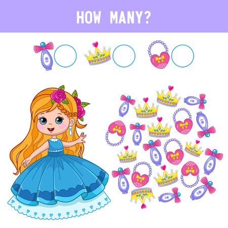 How many bags, perfumes and crowns does the princess have? Counting educational kids game, kids math activity sheet. Cartoon color vector illustrationのイラスト素材