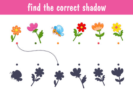 Small cute colorful flowers, daisies, tulip and butterfly. Find the correct shadow. Educational game for kids. cartoon vector illustrationのイラスト素材