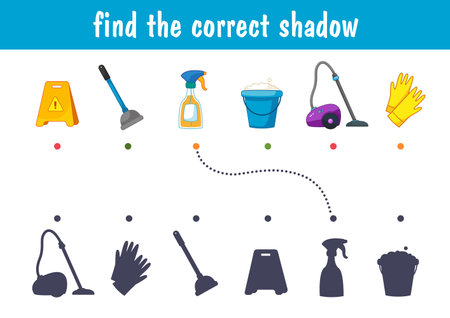 A set of items for cleaning and washing the house, vacuum cleaner, cleaner, mop. Find the correct shadow. Educational game for kids. cartoon vector illustrationのイラスト素材