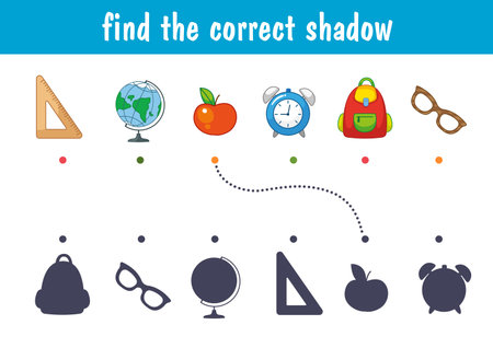A set of items for school and study, a globe, an alarm clock, a book, a briefcase. Find the correct shadow. Educational game for kids. cartoon vector illustrationのイラスト素材