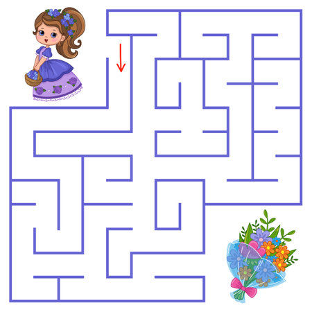 The cute little princess is looking for a way to find a bouquet of flowers in the maze. Find a way out of the maze. Educational game for kids. Cartoon vector illustration, colorclipartのイラスト素材