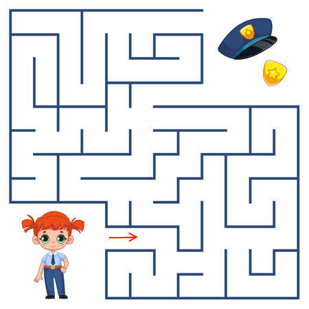 A cute little cop girl is looking for her way to the police cap and the badge of the sheriff through the maze. Find a way out of the labyrinth. Educational game for kids. cartoon vector.のイラスト素材