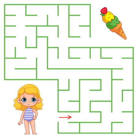A cute little girl is looking for the way to ice cream through the maze. Find a way out of the labyrinth. Educational game for kids. Cartoon vector illustration, colorclipartのイラスト素材