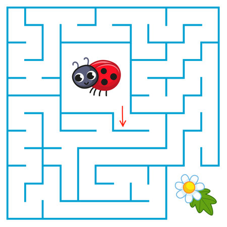 A cute little lady cow is looking for a way to the chamomile flower through the maze. Find a way out of the labyrinth. Educational game for kids with insects. cartoon vector , colorclipartのイラスト素材