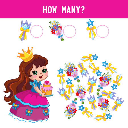 How many mirrors, wands and crowns does the princess have? Counting educational kids game, kids math activity sheet. cartoon colored vector illustrationのイラスト素材