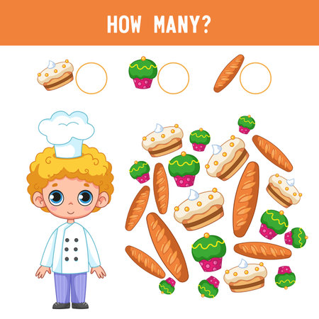 How many cakes, breads and cakes are there next to the boy's confectioner's child? Counting educational kids game, kids math activity sheet. cartoon colored vector illustrationのイラスト素材