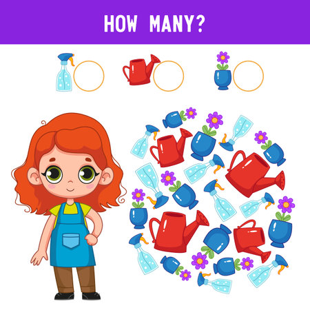 How many garden watering cans and flowers lie next to the girl child gardener and florist? Counting educational kids game, kids math activity sheet. cartoon colored vector illustrationのイラスト素材
