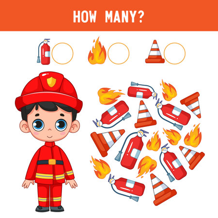 How many fire extinguishers, fireman's hoses, and fire are there next to boy, a child in fireman's suit Counting educational kids game, kids math activity sheet. cartoon colored vector illustrationのイラスト素材