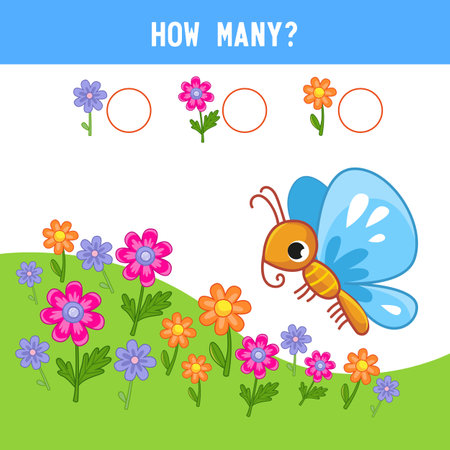 How many flowers grow next to the blue butterfly. Mathematics assignment. Counting educational kids game, kids math activity sheet. cartoon colored vector illustrationのイラスト素材