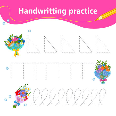 handwriting practice. We learn the first letter of the string by dots. Set of bouquets of flowers. preschool education. vector illustration in cartoon styleのイラスト素材