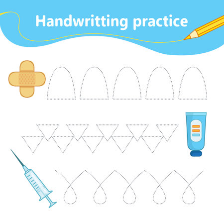 Learning the first letter of lines by dots. Set of medical items, syringe, medicine, plaster. preschool education. vector illustration in cartoon styleのイラスト素材