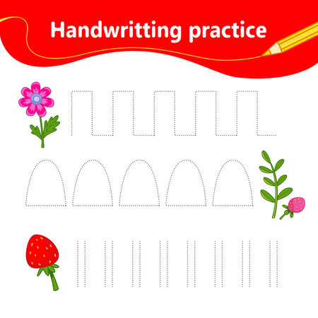 Learning the first letter of lines by dots. Set of flowers, berries, strawberries. preschool education. vector illustration in cartoon styleのイラスト素材