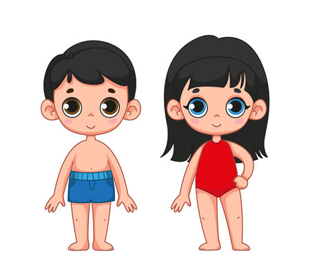Cute children in swimsuits, girl and a boy. Brother and sister, friends, loving couple of kids. Set of children in beach clothes. Vector illustration in cartoon childish style. Isolated funny clipartのイラスト素材