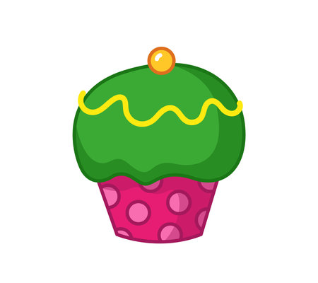 Cute cupcake with green cream, berries and cream. Vector illustration of a cake in a cartoon childish style. Isolated funny bakery clipart on white background. cute kitchen printのイラスト素材