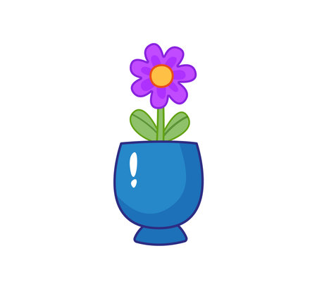 Purple tulip flower in a clay blue pot. Vector illustration in cartoon childish style with outline. Isolated funny clipart on white background. cute summer printのイラスト素材