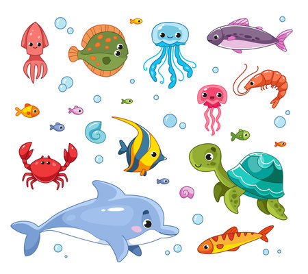 Vector cartoon set of fish, marine animals, turtle, flounder, jellyfish, shrimp, dolphin. Cute illustration for kids. Clipart collection, isolate on white backgroundのイラスト素材