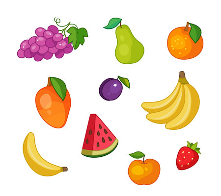Set of cartoon fruits. Banana, grapes, pear, watermelon, strawberry. Vector illustration in cartoon childish style. Isolated funny clipart on white background. cute printのイラスト素材
