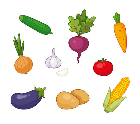 Set of cartoon vegetables. Eggplant, cucumber, garlic, potatoes, corn, beets. Vector illustration in cartoon childish style. Isolated funny clipart on white background. cute printのイラスト素材