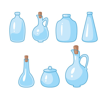 Set of cartoon glass cones, jars, bottles and vessels. Vector illustration in cartoon childish style. Isolated funny clipart on white background. cute printのイラスト素材