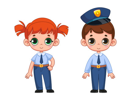 Set of cute cartoon characters in police uniform. Little children, a boy and a girl dressed as a police officer. Vector illustration in children's style. Isolated funny clipart. cute printのイラスト素材