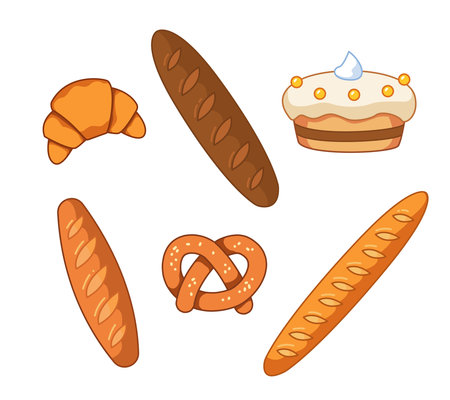 A set of loaves, rolls, rich pretzels, pastries, cake. Vector illustration of bread in cartoon childish style. Isolated funny clipart on white background. cute bakery printのイラスト素材
