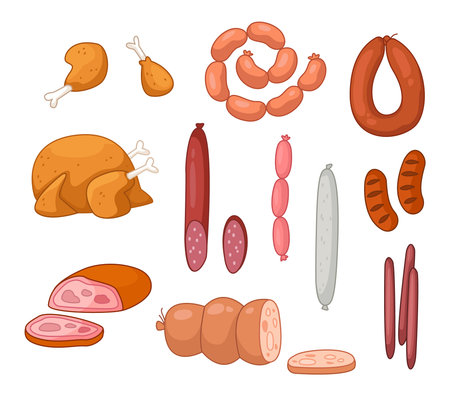 A set of meat smoked and boiled sausages, chicken, turkey, fried legs and sausages. Vector illustration in cartoon childish style. Isolated funny clipart on white background. cute printのイラスト素材