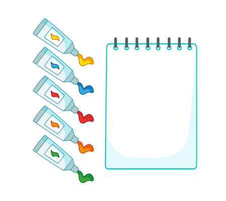 A set of sketchbooks and tubes of oil paint or watercolor paint. Vector illustration in cartoon childish style. Isolated funny clipart on white background. Nice print for an artistのイラスト素材