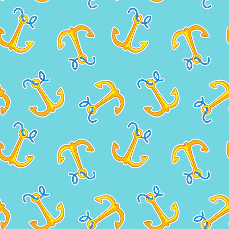 Seamless pattern with a cute yellow anchor on a blue background. Vector illustration in a minimalistic flat style, hand drawn. Cute nautical print for print design, postcardsのイラスト素材