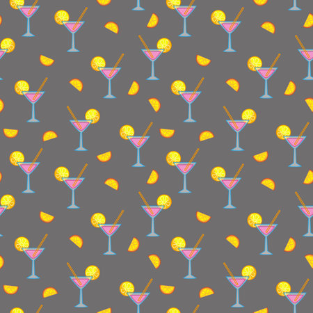 Seamless pattern with pink alcoholic cocktail Margarita, lime and straw on a gray background. Vector illustration in a minimalistic flat style, hand drawn. Print for textilesのイラスト素材