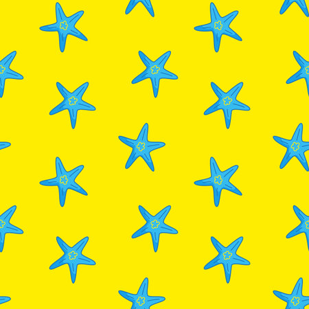 Seamless pattern with blue starfish on a yellow background. Vector illustration in a minimalistic flat style, hand drawn. Textile printing, print design, postcardsのイラスト素材