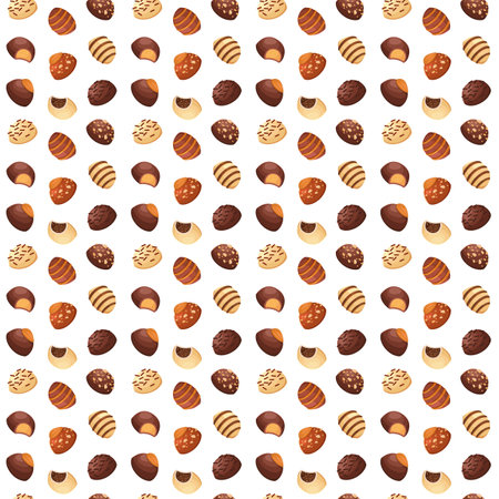 Seamless background with milk and dark chocolate candies. Vector illustration in a minimalistic flat style, sweets. Textile printing, print design, postcardsのイラスト素材
