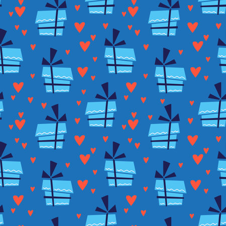 Seamless multicolored pattern with gifts in blue wrapping and hearts. Valentine's day, wedding, holiday. vector illustration. Textile printing, print design, postcardsのイラスト素材