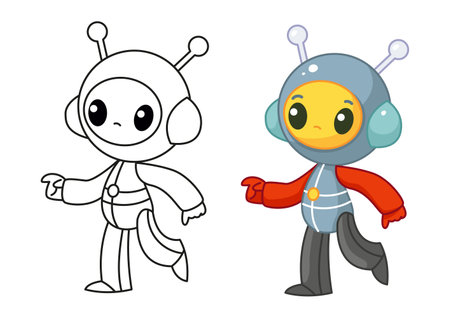 An astronaut in a spacesuit is dancing. Set with coloring book and color example. Happy cute alien in a spacesuit smiles. Vector illustration in cartoon childish style. Isolated funny clipart. Sealのイラスト素材