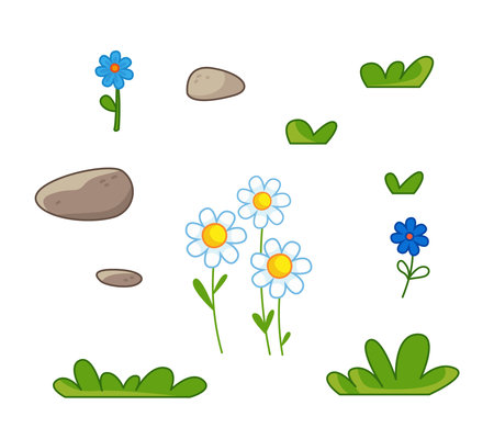 Set of grass, stones, chamomile flowers. Vector illustration in cartoon childish style. Isolated funny clipart on white background. cute summer printのイラスト素材