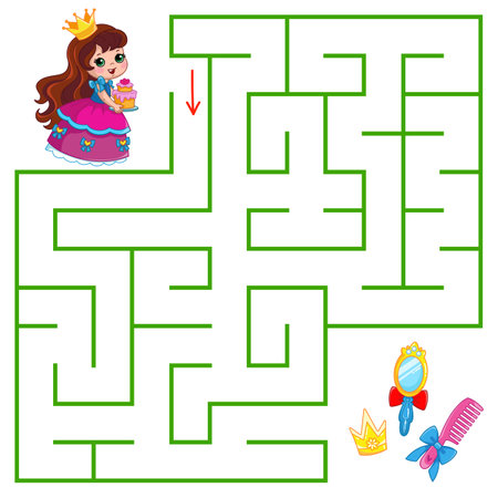 The cute little princess is looking for a way to find the treasure, hairbrush and crown in the maze. Find a way out of the maze. Educational game for kids. cartoon vector illustrationのイラスト素材