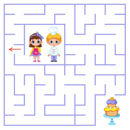 Cute little girl and boy are looking for the way to the cake through the maze. Children dressed as chefs, confectioners or bakers. Find a way out of the maze. Educational game for kids. Cartoon.のイラスト素材