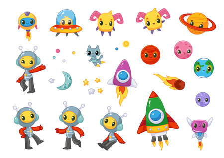 Set of cute cartoon aliens, space rockets, planets, mars, earth, pluto, ufo, alien in space suits, moon. Vector illustration of a character in cartoon style. Isolated funny clipart. Astronautsのイラスト素材