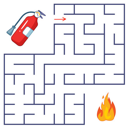 A cute fire extinguisher is about to put out the fire and is looking for a way out of the maze. Find way out of the labyrinth. Educational game for kids. Cartoon vector illustration, colorclipartのイラスト素材