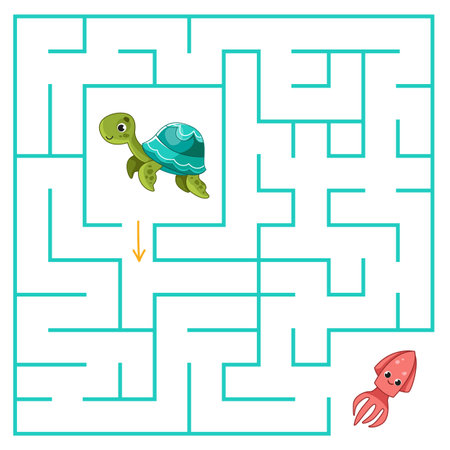 A cute cartoon turtle is looking for a way through the maze to the squid. Find a way out of the labyrinth. Educational game for kids. Cartoon vector illustration, colorclipartのイラスト素材