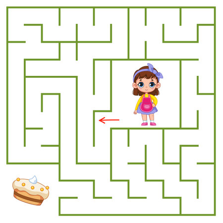 A cute girl in a baker's cook costume is looking for a way through the maze to a cake or pie. Find a way out of the maze. Educational game for kids. Cartoon vector illustration, colorclipartのイラスト素材