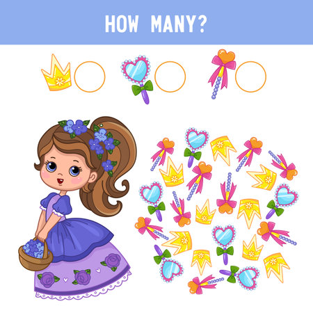 How many mirrors, wands and crowns does the cute little princess have? Counting educational kids game, kids math activity sheet. cartoon colored vector illustrationのイラスト素材