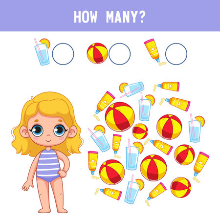 How many balls, sunscreen and lemonade does a cute little girl in a bathing suit have? Counting educational kids game, kids math activity sheet. cartoon colored vector illustrationのイラスト素材
