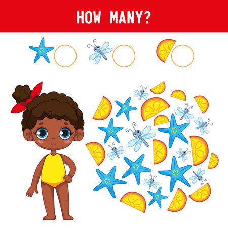 How many dragonflies, starfish and fruits does a cute little black girl in a bathing suit have? Counting educational kids game, kids math activity sheet. cartoon colored vector illustrationのイラスト素材