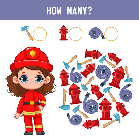 How many fire extinguishers, fire hoses and hydrants next to a girl, a child in a firefighter costume. Counting educational children's game, children's worksheet with mathematical tasks. Cartoonのイラスト素材