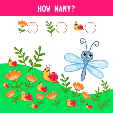 How many flowers and snails are next to the dragonfly. Math assignment. Counting educational kids game, kids math activity sheet. Cartoon color vector illustrationのイラスト素材