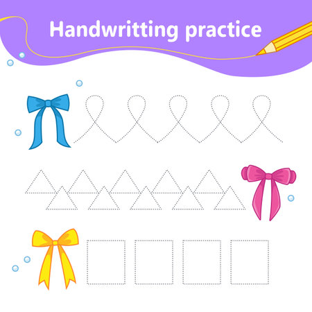 handwriting practice. We learn the first letter of the string by dots. Set with colorful cute bows. preschool education. vector illustration in cartoon styleのイラスト素材