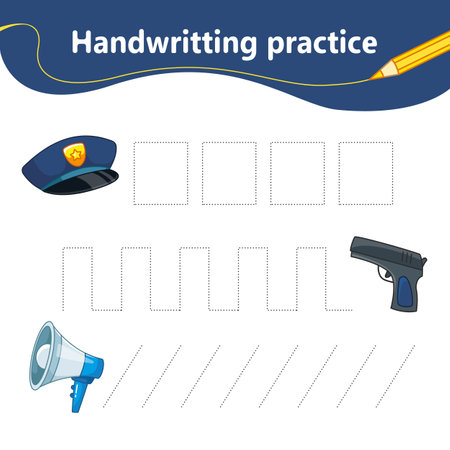 handwriting practice. We learn the first letter of the string by dots. Set with police cap, loudspeaker, pistol. preschool education. vector illustration in cartoon styleのイラスト素材