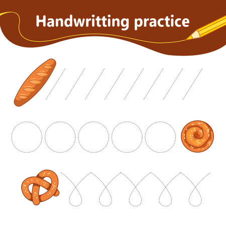 handwriting practice. We learn the first letter of the string by dots. Set with loaf, roll, pastries. preschool education. vector illustration in cartoon styleのイラスト素材
