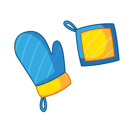 Blue and yellow glove and potholder for kitchen and cooking. Vector illustration in cartoon childish style. Isolated funny clipart on white background. cute printのイラスト素材